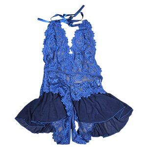 NWOT | Blue Lace Halter Babydoll Lingerie Romper Crotchless Mesh Skirt | Medium